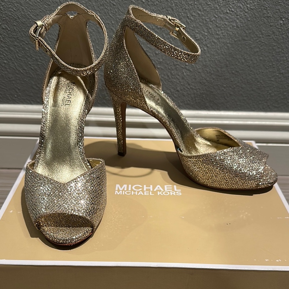 Michael Kors Gold Glitter Heels with Ankle Strap and Peep-Toe